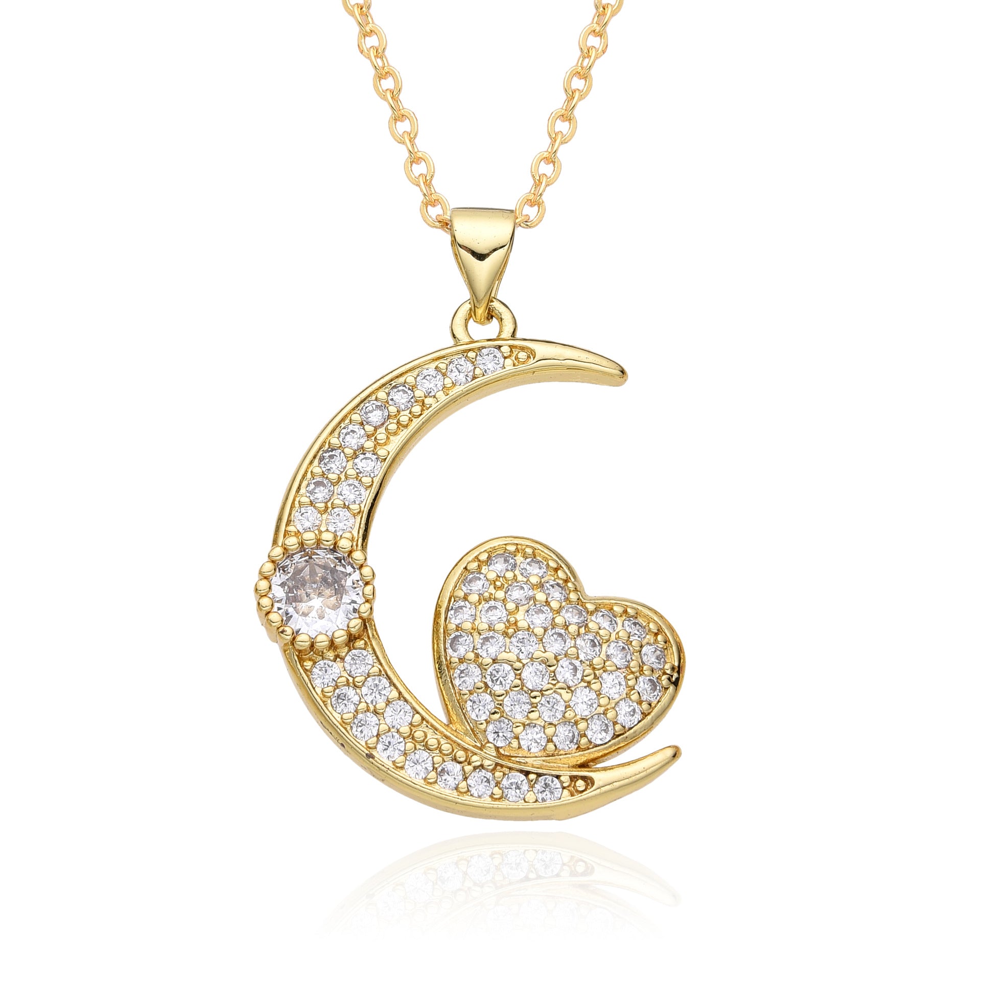 Wholesale Copper Plated 18K Gold Colored Zircon Moon Love Necklace